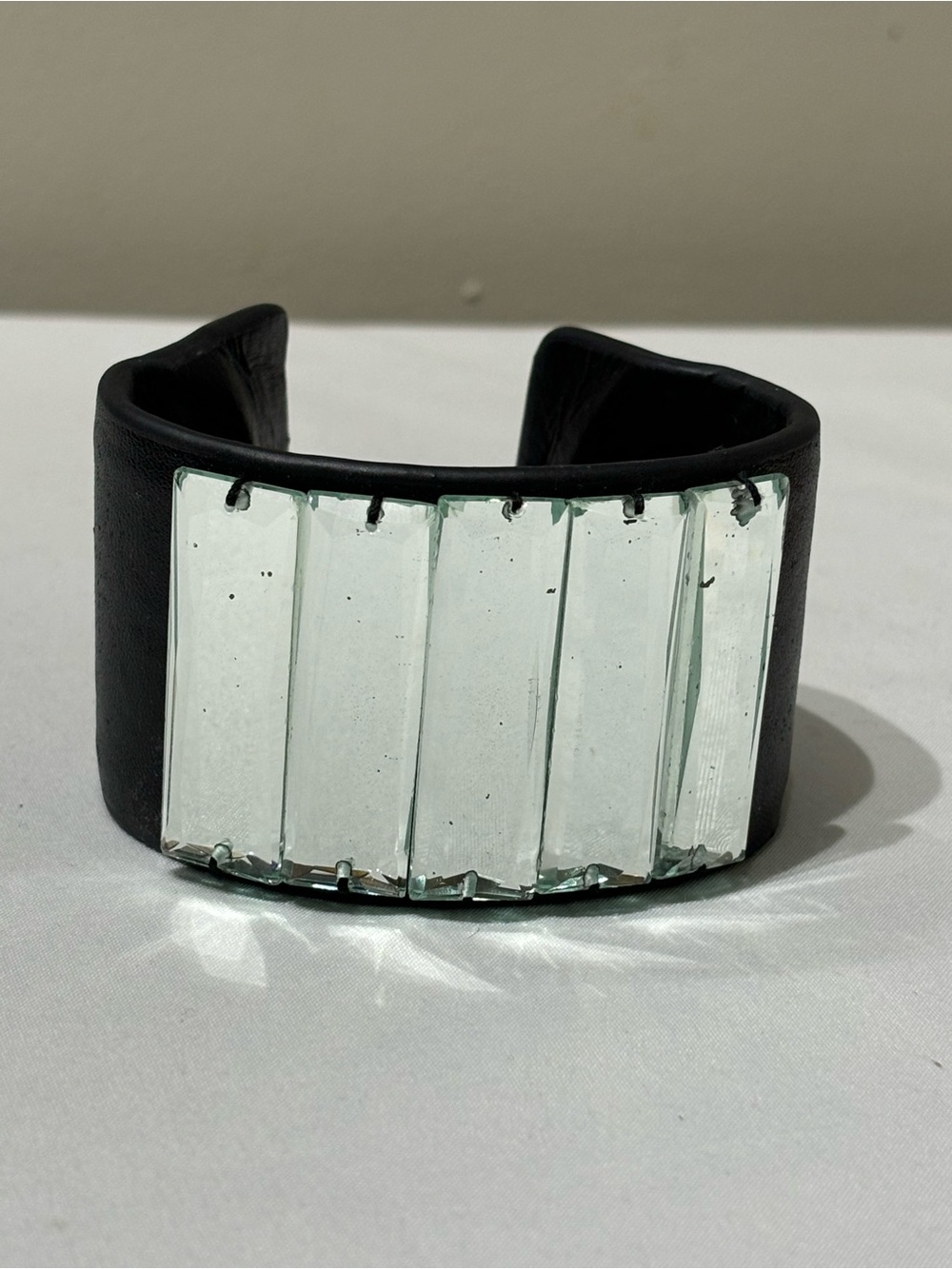 Sigal Black Leather Cuff Bracelet with Clear Glass Panels